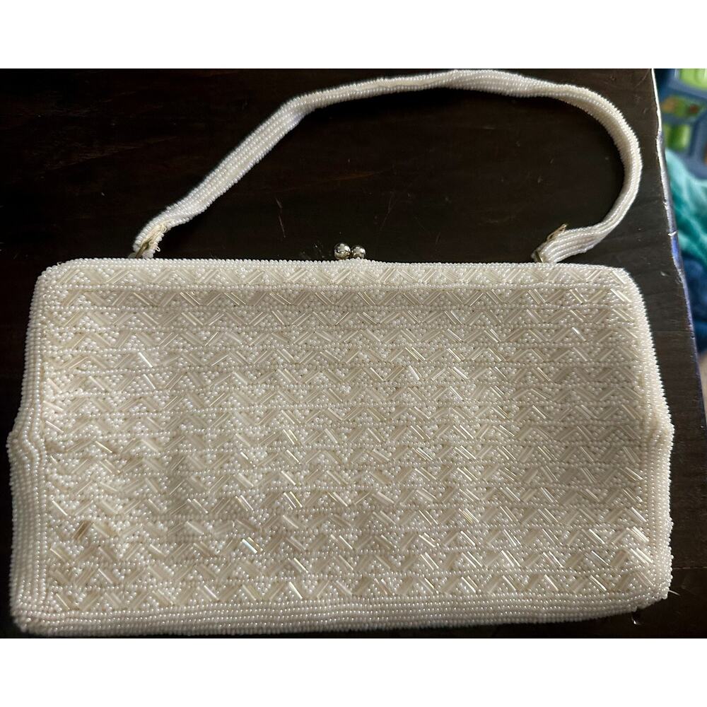 VTG ~MCM ~Walborg~ Cream Microbeaded Evening Bag~ Off White Metal Frame Purse